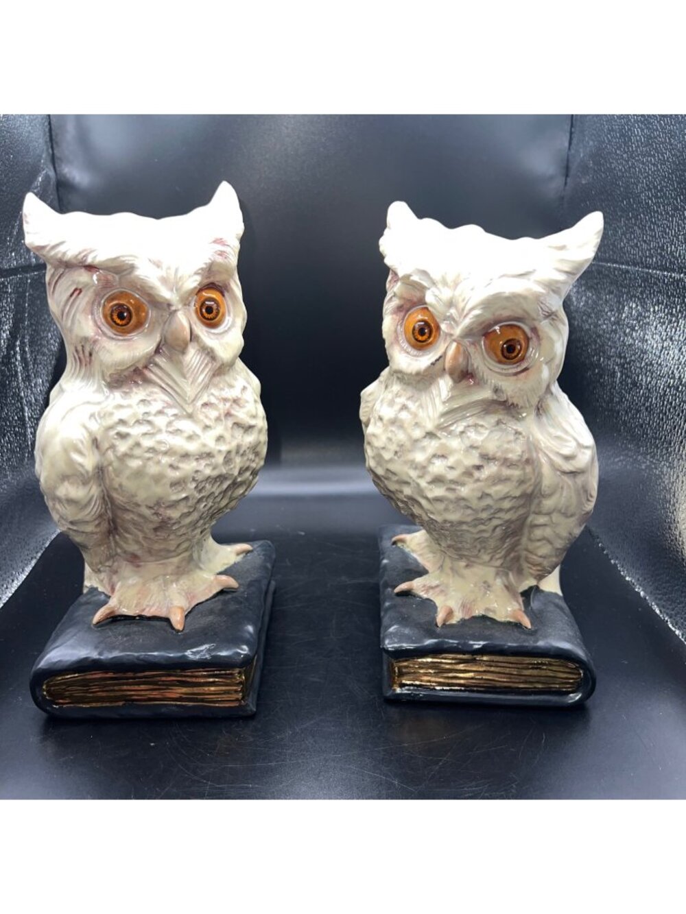 Hand Painted Ceramic Owl Bookends Cream,Black,Gold Atlantic Mold 1978 Majestic